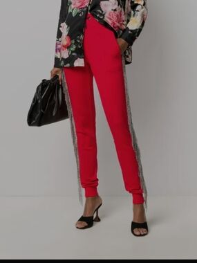 Philipp Plein Red Jogger Pants with Silver Chain Fringe